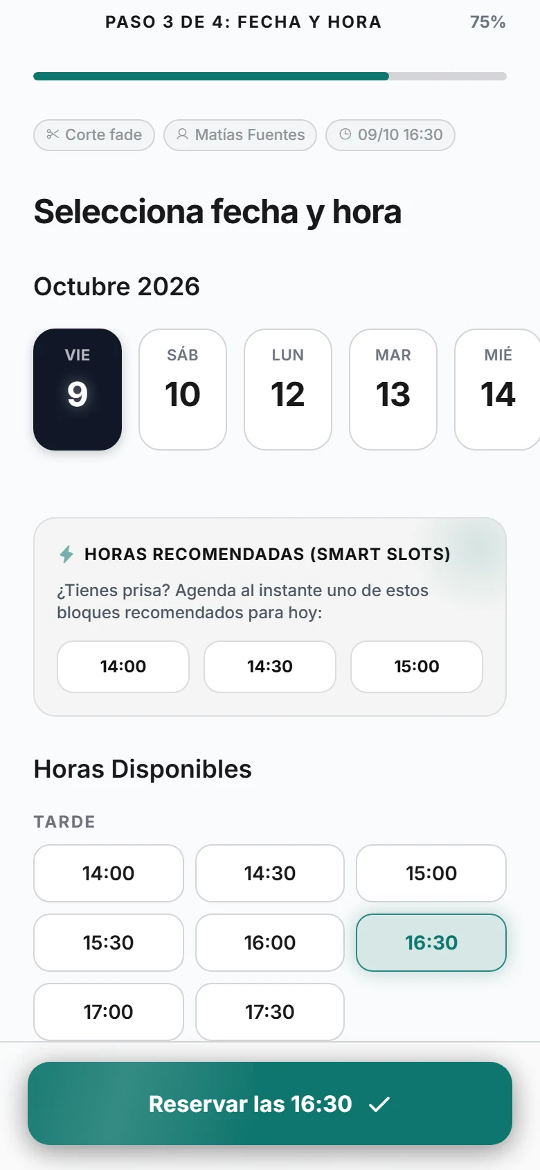 Página de reservas en el celular: elegir día y hora