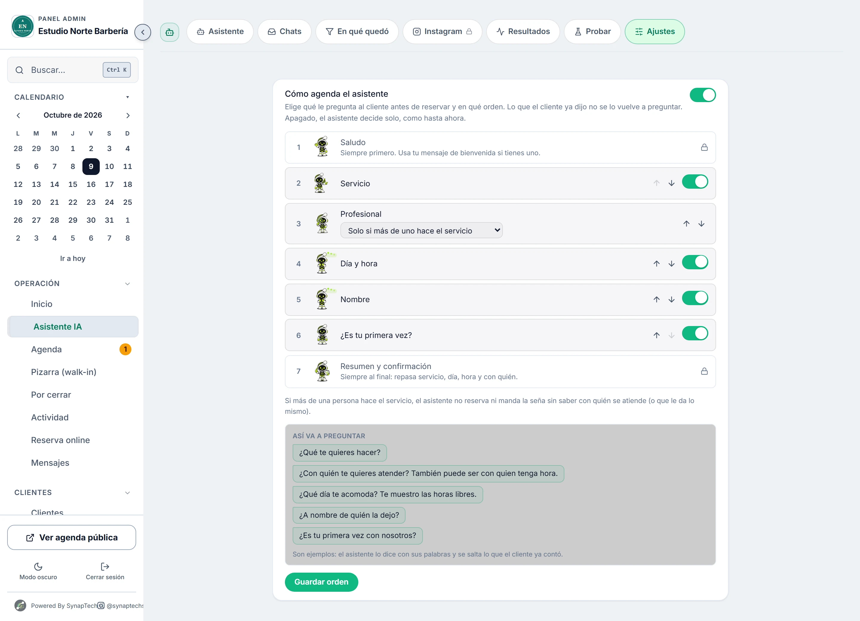 Configuración del orden de preguntas del asistente
