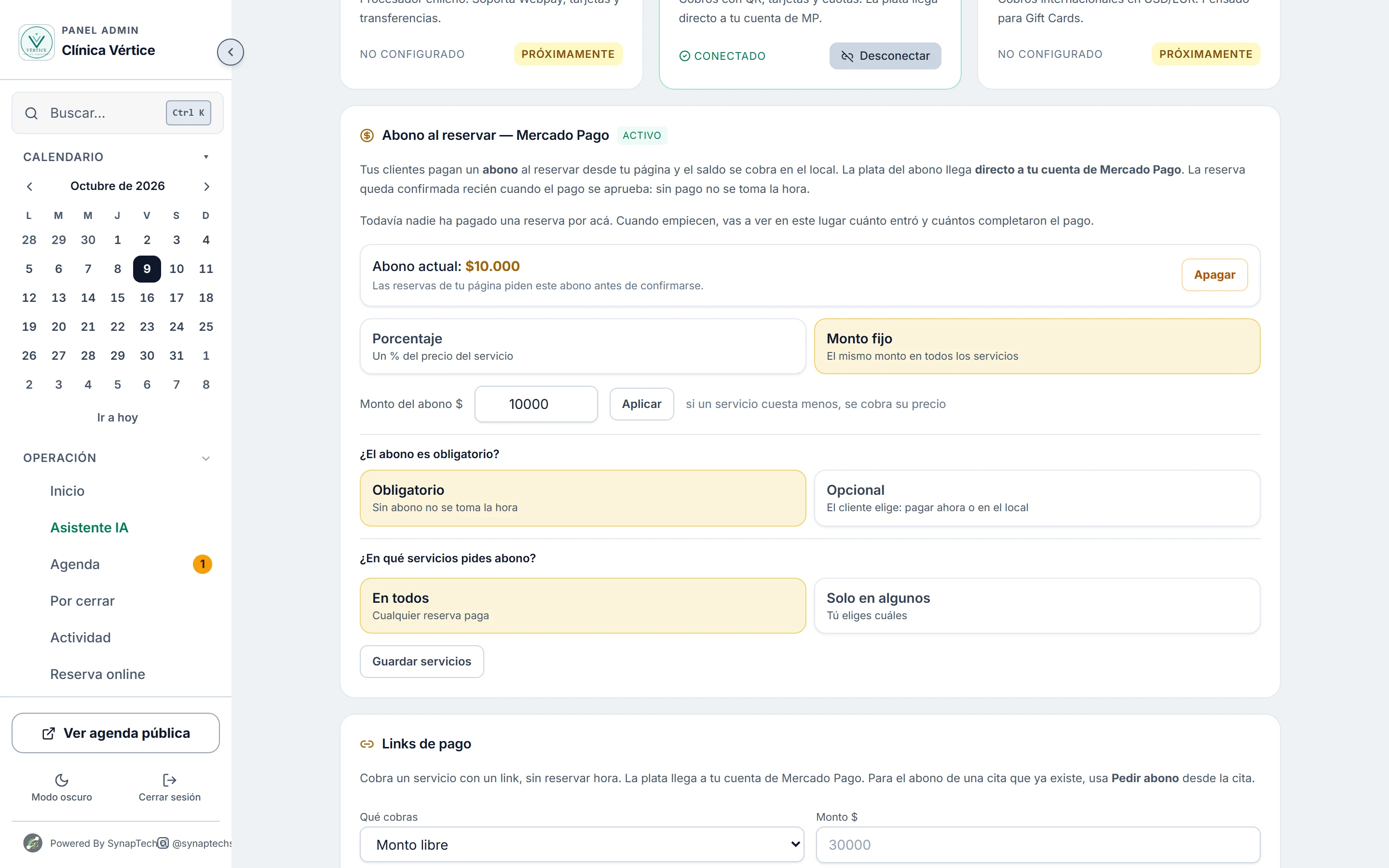 Configuración del abono al reservar con Mercado Pago