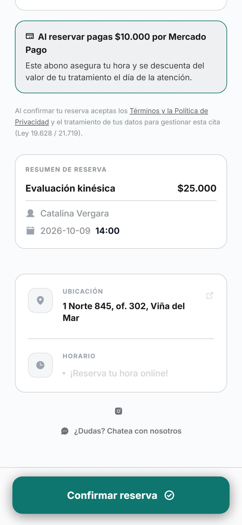 Página de reservas: aviso del abono antes de confirmar