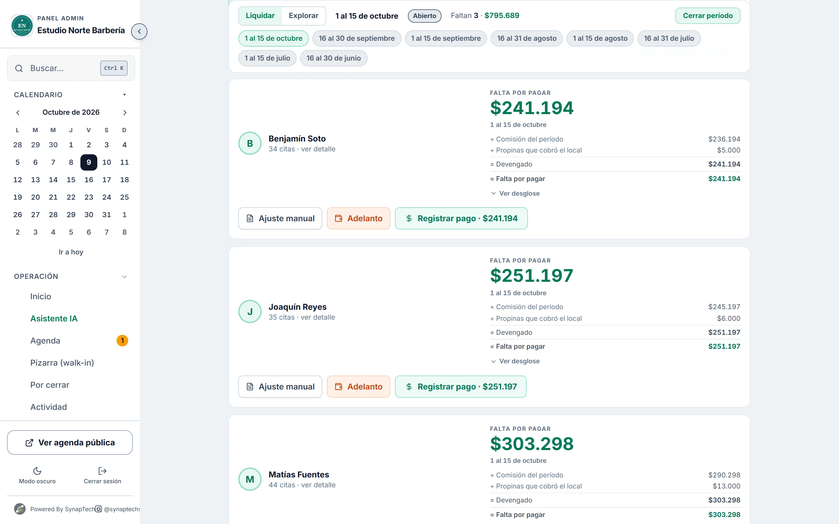 Liquidación de comisiones por profesional