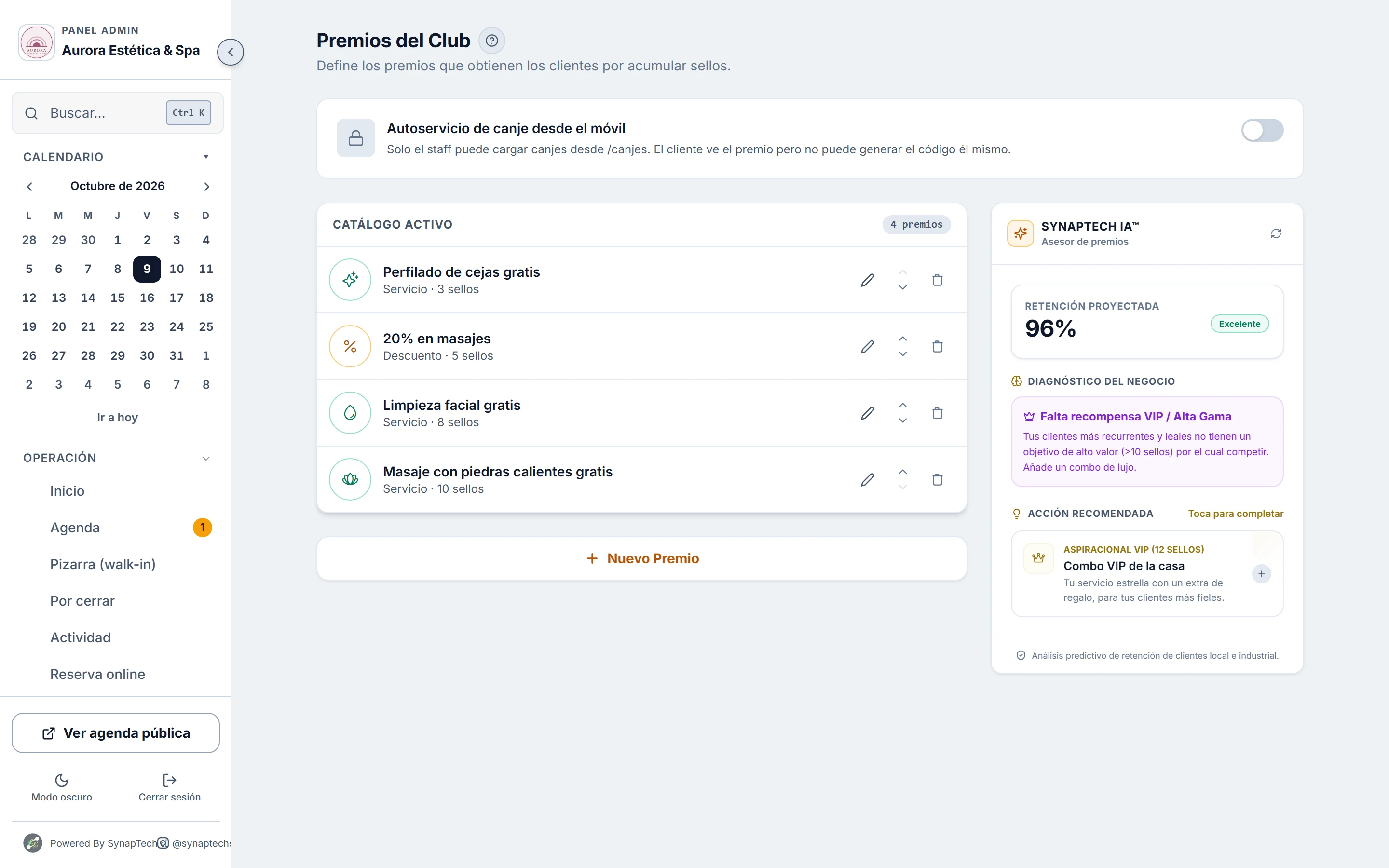Premios del club de un centro de estética