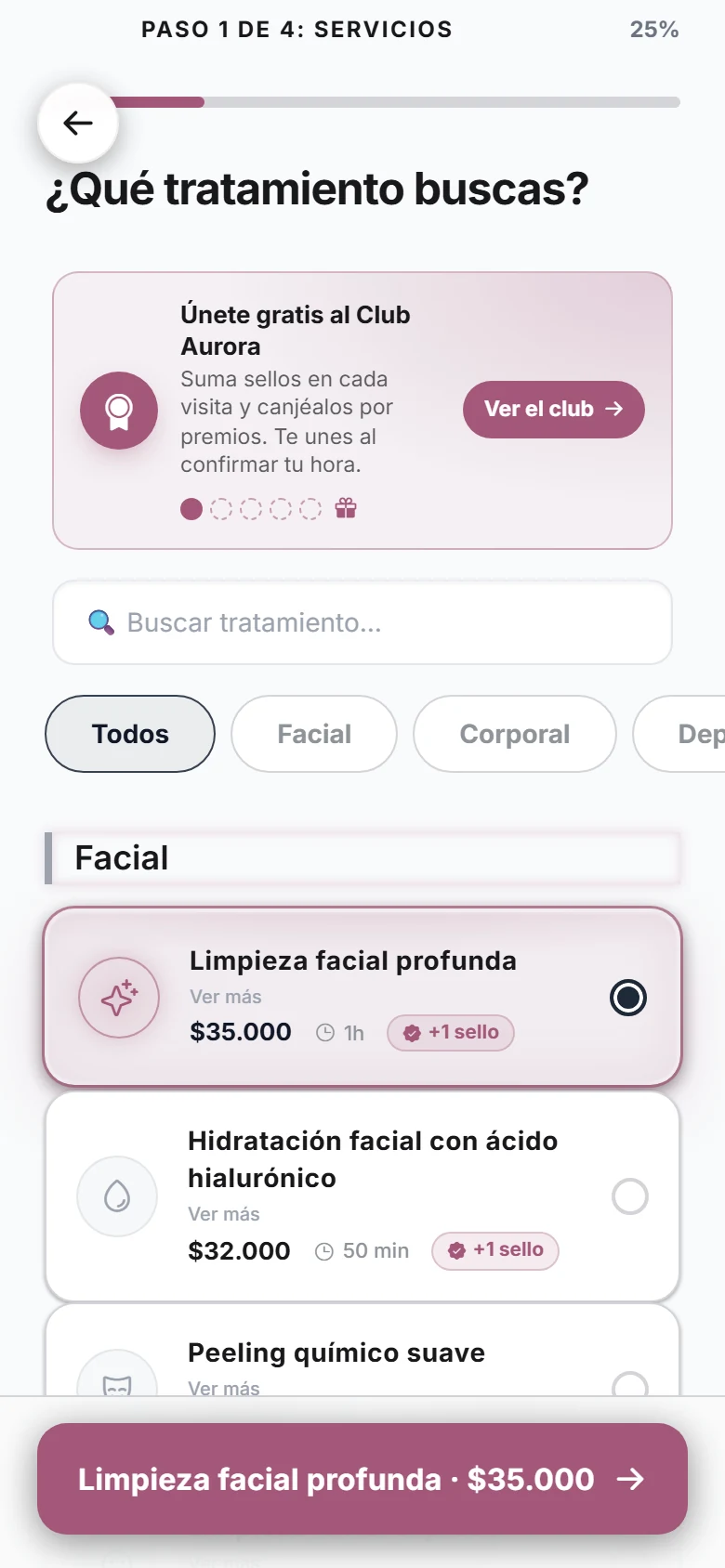 Página de reservas: catálogo de tratamientos por categoría