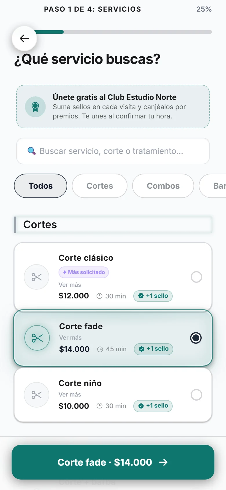 Página de reservas: elegir el servicio
